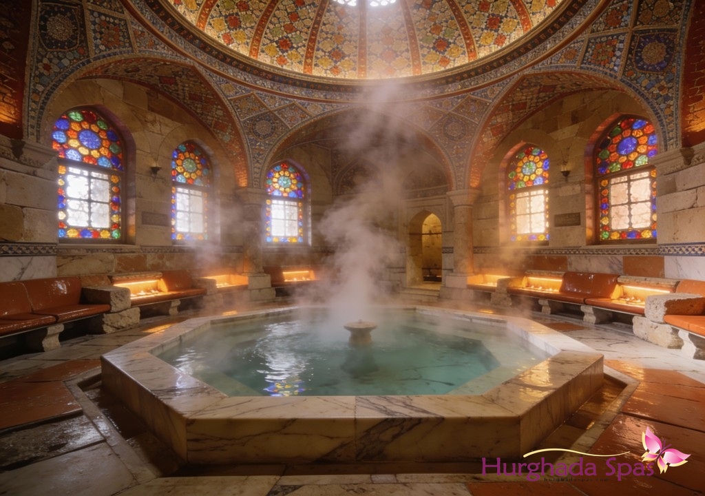 Ornate indoor spa hall with a steaming central pool, arched ceilings and warm seating, representing the relaxing Salt Caves at Egyptos Spa Hurghada.