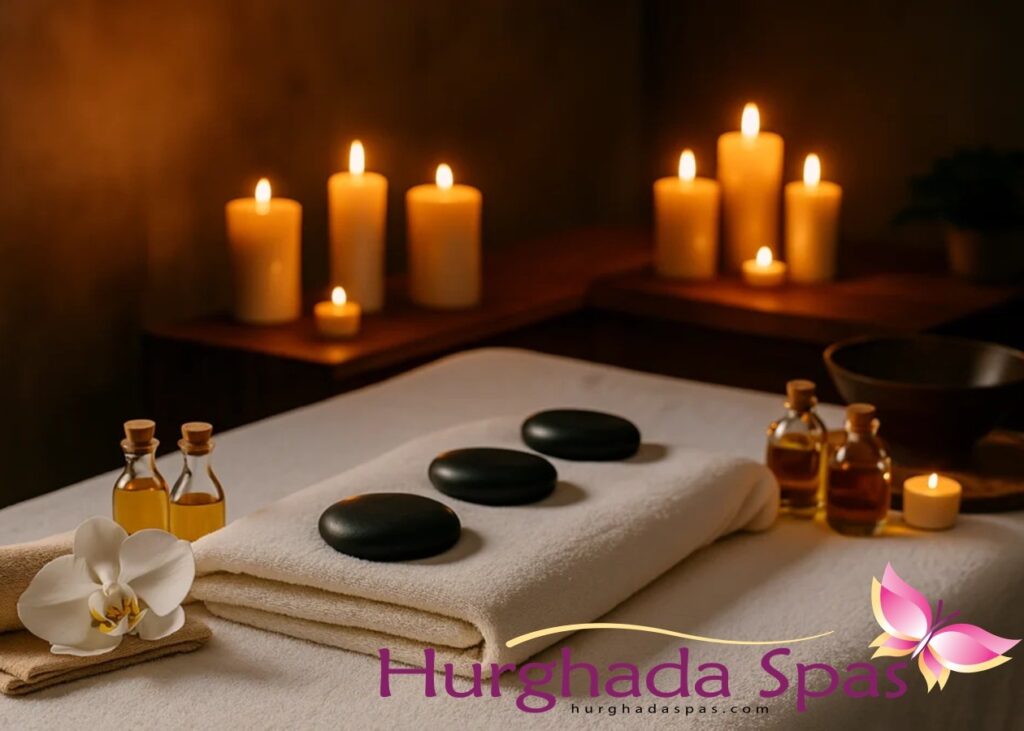 A close-up view of hot stones, essential oils, and an orchid prepared for a relaxing Aromatherapy Massage at Egyptos Spa.