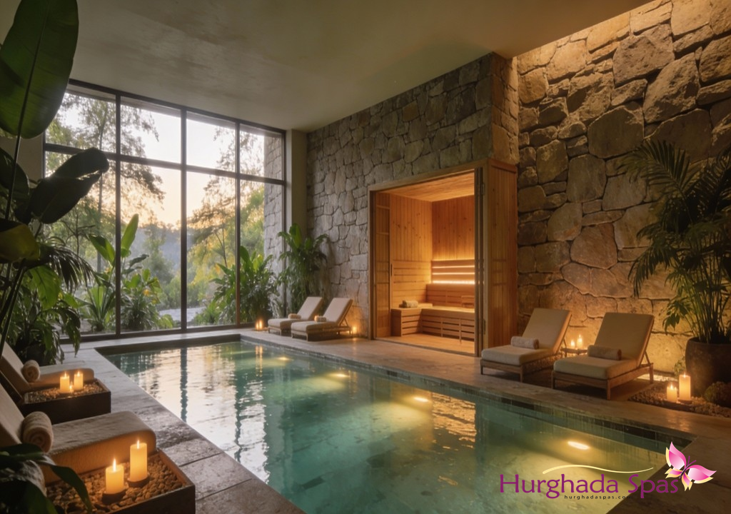 Serene luxury spa with emerald pool, adjacent wooden sauna, stone architecture, tropical greenery, candlelit loungers, and golden hour light through expansive windows.