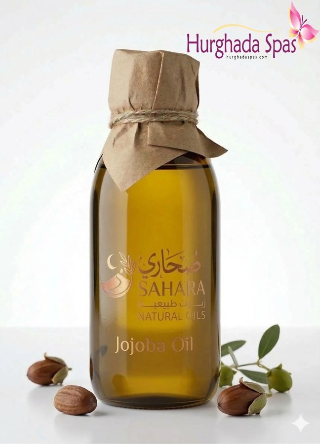 Pure golden Jojoba Oil from Egypt buy online bottle labeled Sahara Natural Oils by Hurghada Spas.