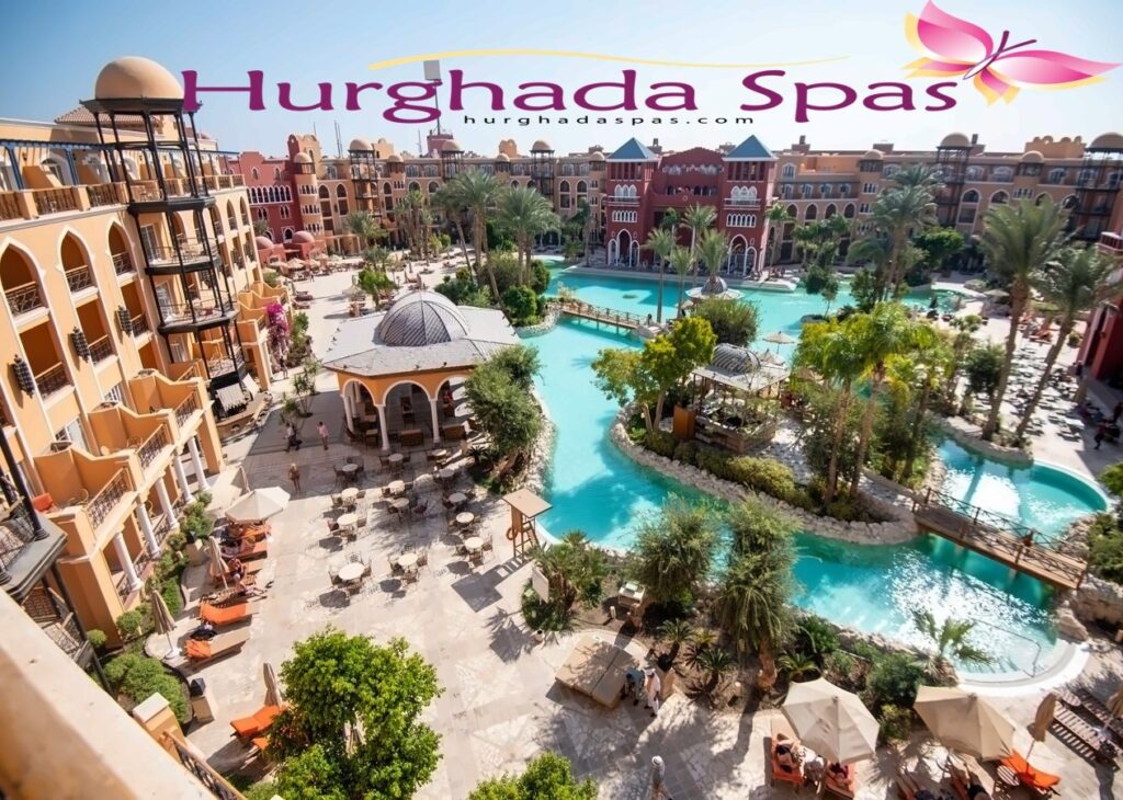 Panoramic view of the pools and oriental architecture described in Unveiling Paradise: Your Essential Guide to The Grand Resort, Hurghada
