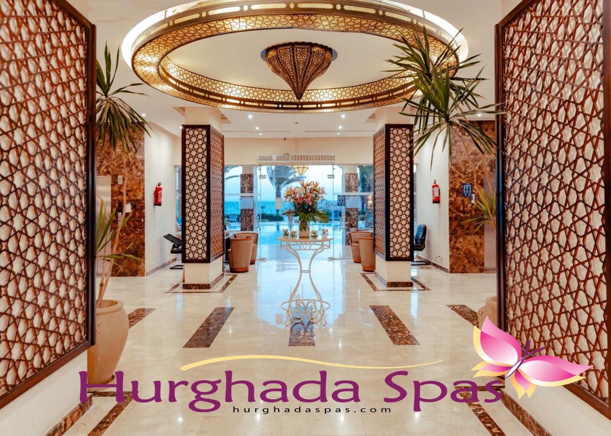 Elegant lobby with intricate wooden screens leading to the pool at Royal Resort Hurghada Guide: Ultimate Red Sea Escape