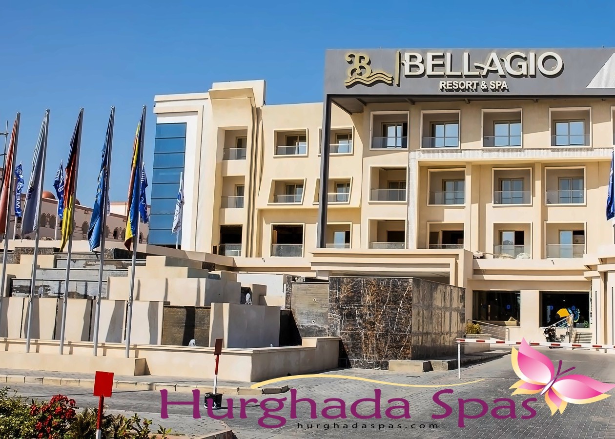 Front view of Bellagio Beach and Spa Resort Hurghada building facade.